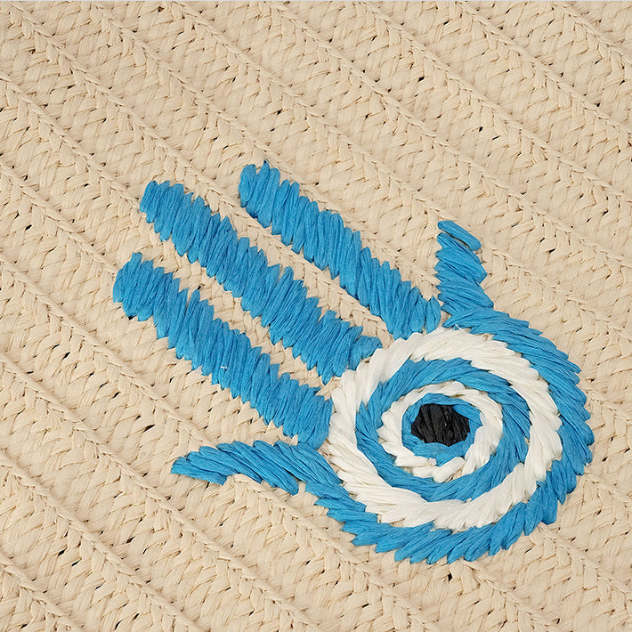 Sac de paille de vacances à pompon de grande capacité avec motif Hamsa Evil Eye Olivenorma