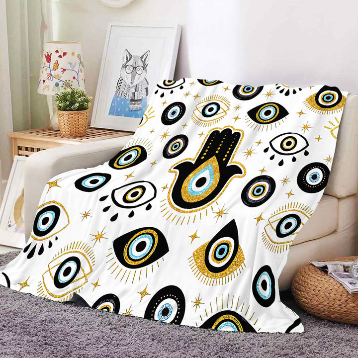 Couverture tissée à pompons blancs et noirs Olivenorma Evil Eye Hamsa