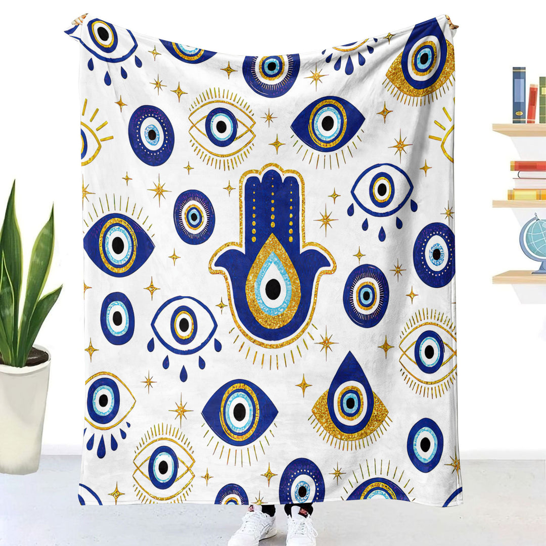 Couverture tissée en flanelle blanche et bleue avec motif mauvais œil et Hamsa Olivenorma