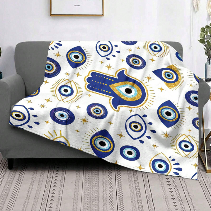 Couverture tissée en flanelle blanche et bleue avec motif mauvais œil et Hamsa Olivenorma