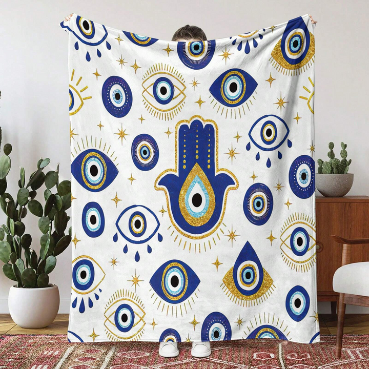Couverture tissée en flanelle blanche et bleue avec motif mauvais œil et Hamsa Olivenorma