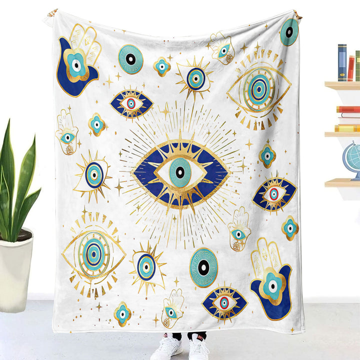 Couverture tissée en flanelle Olivenorma blanche et verte avec motif mauvais œil Hamsa