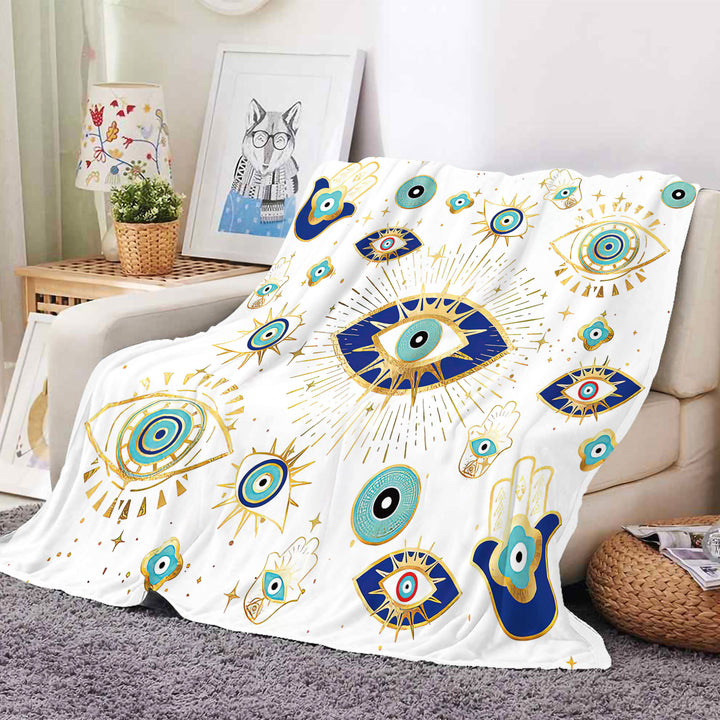 Couverture tissée en flanelle Olivenorma blanche et verte avec motif mauvais œil Hamsa