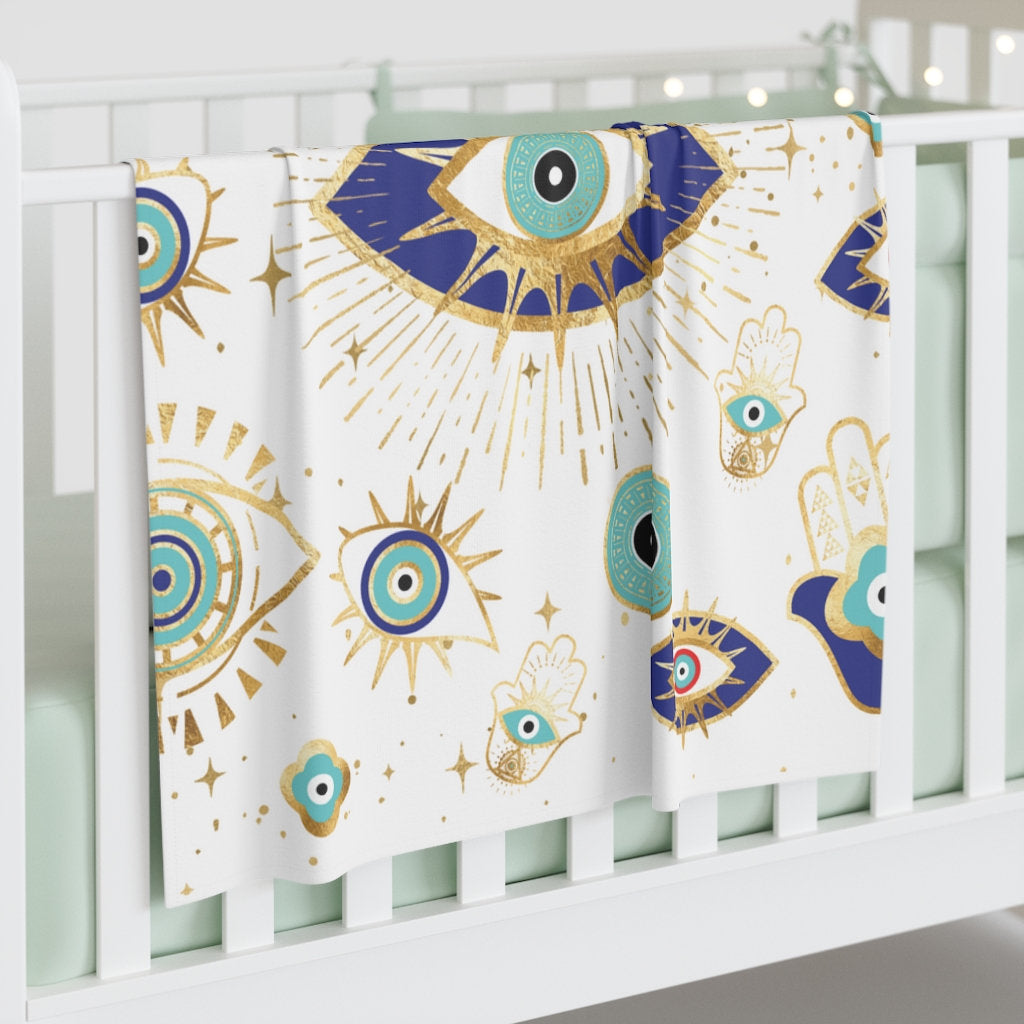 Couverture tissée en flanelle Olivenorma blanche et verte avec motif mauvais œil Hamsa