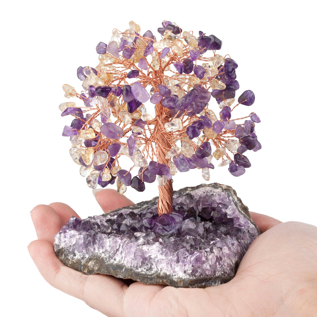 Arbre Feng Shui à base irrégulière avec fleur d'améthyste naturelle Olivenorma
