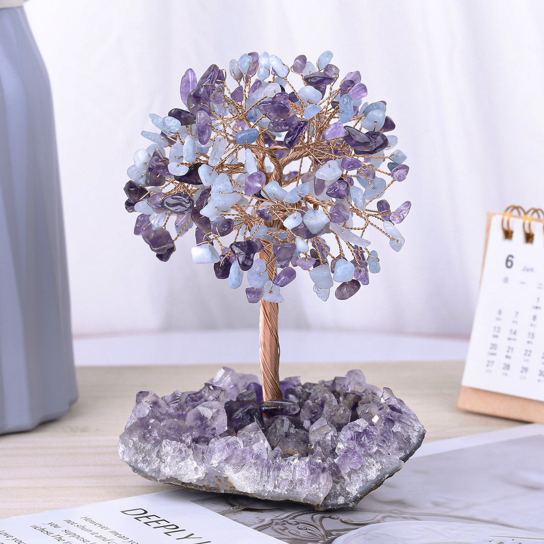 Arbre Feng Shui à base irrégulière avec fleur d'améthyste naturelle Olivenorma