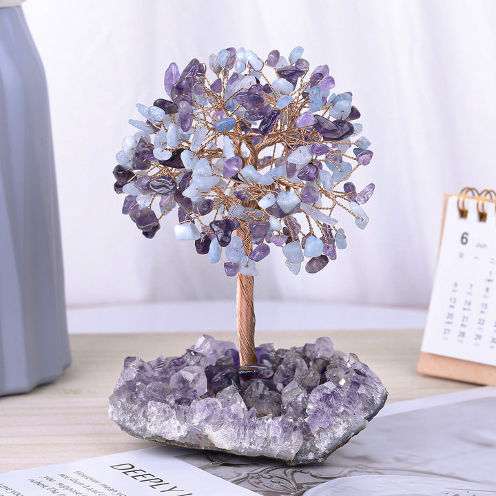 Arbre Feng Shui à base irrégulière avec fleur d'améthyste naturelle Olivenorma