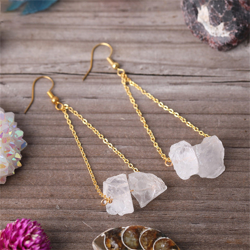 Boucles d'oreilles pendantes en chaîne dorée avec gravier de quartz naturel Olivenorma