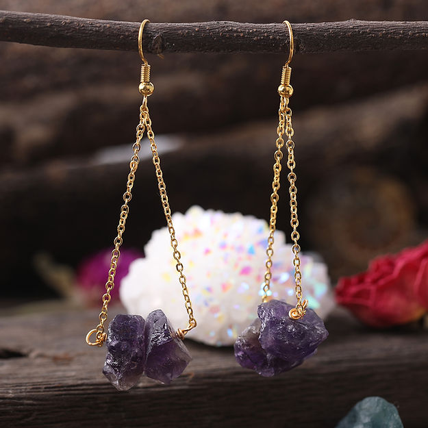 Boucles d'oreilles pendantes en chaîne dorée avec gravier de quartz naturel Olivenorma