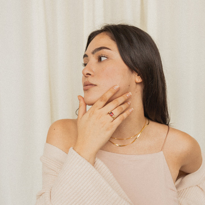 Bague en acier inoxydable avec pierre précieuse en quartz rubis Olivenorma