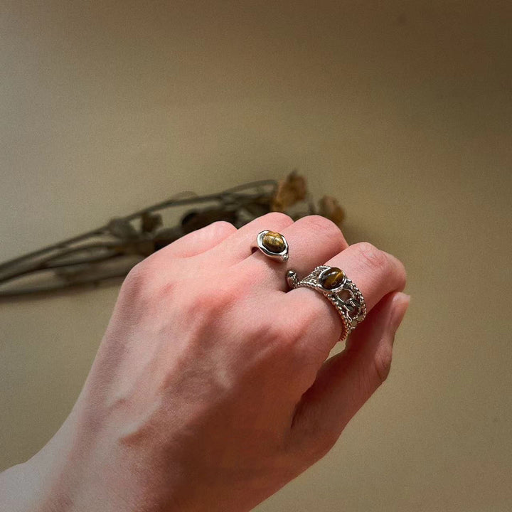 Bague réglable en cuivre plaqué argent avec œil de tigre Olivenorma