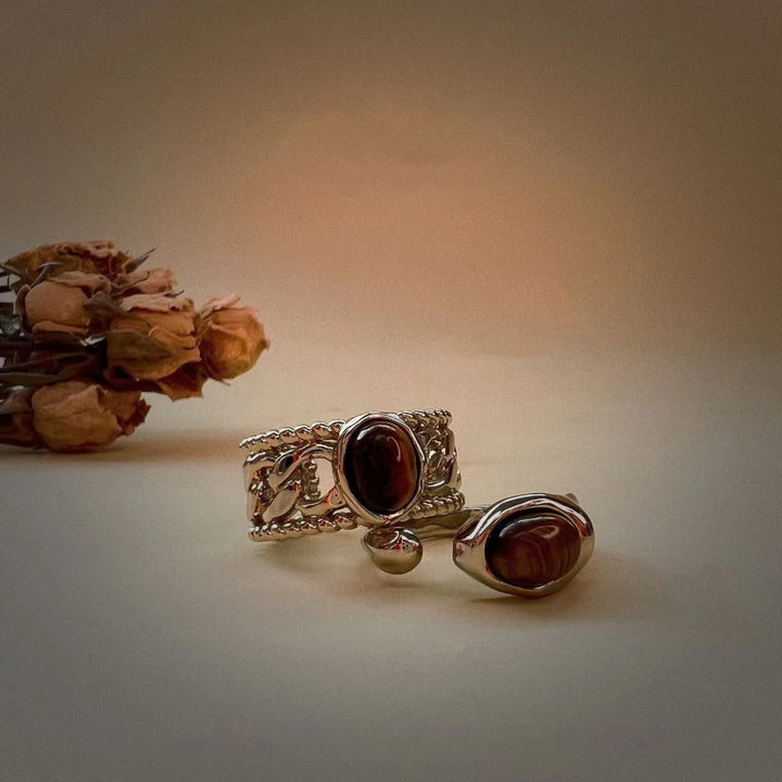 Bague réglable en cuivre plaqué argent avec œil de tigre Olivenorma