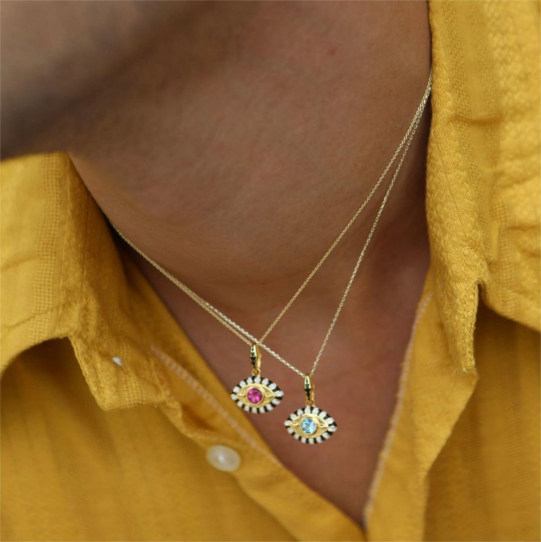 Collier en acier titane et zircon coloré Olivenorma contre le mauvais œil