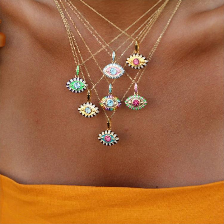 Collier en acier titane et zircon coloré Olivenorma contre le mauvais œil