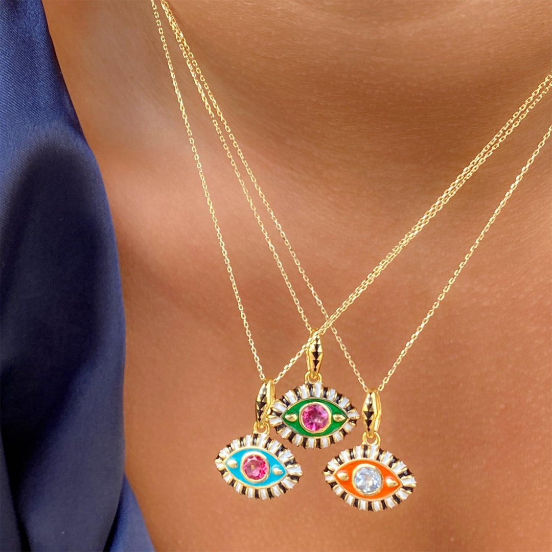 Collier en acier titane et zircon coloré Olivenorma contre le mauvais œil