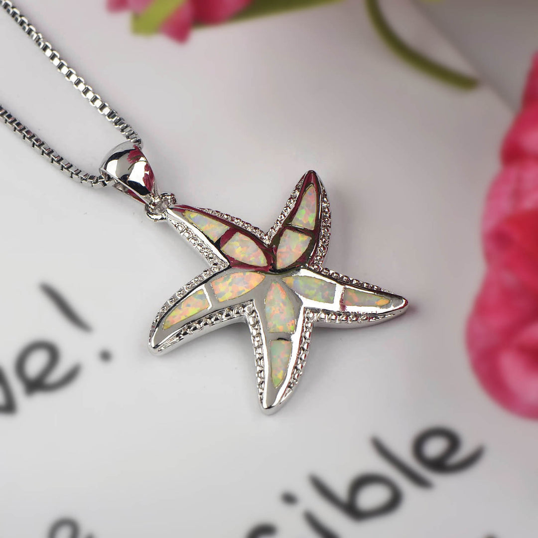 Collier pendentif étoile de mer en opale bleu blanc Olivenorma