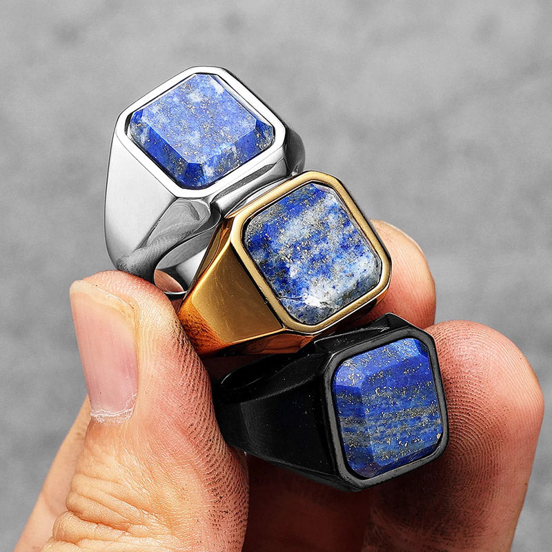 Bague en acier inoxydable pour homme avec ciel étoilé et galaxie en lapis-lazuli de guérison Olivenorma
