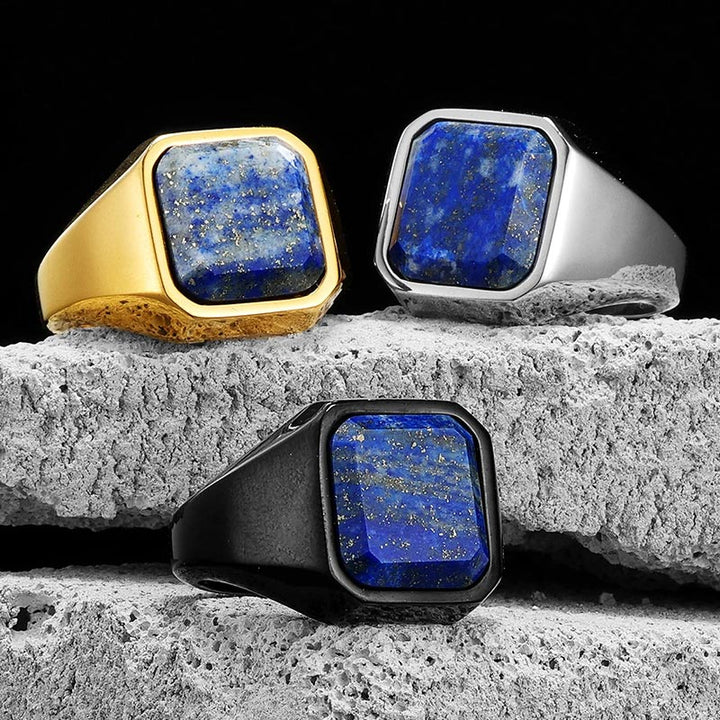 Bague en acier inoxydable pour homme avec ciel étoilé et galaxie en lapis-lazuli de guérison Olivenorma