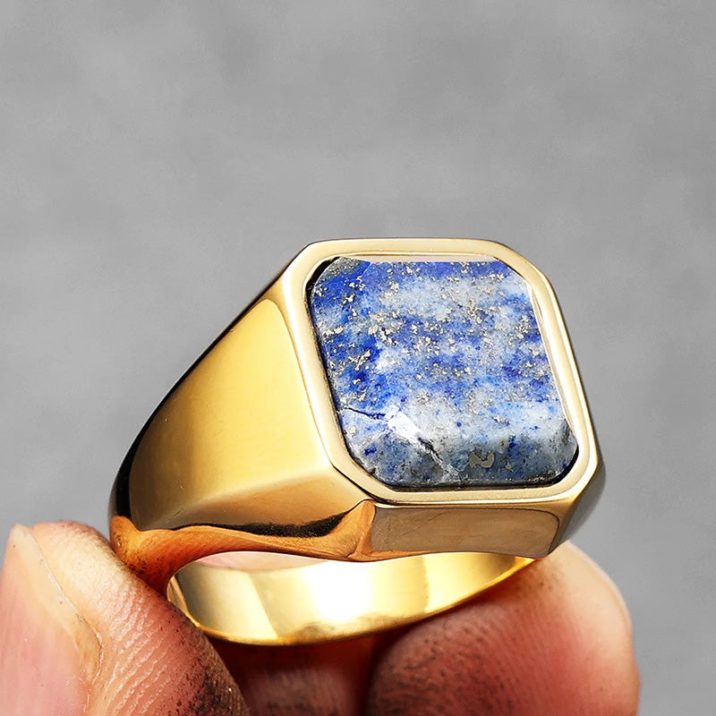 Bague en acier inoxydable pour homme avec ciel étoilé et galaxie en lapis-lazuli de guérison Olivenorma