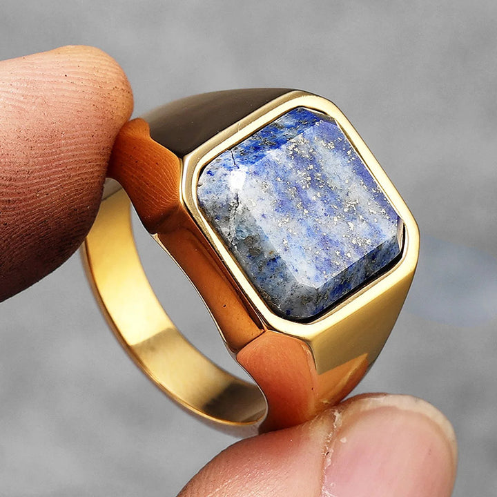 Bague en acier inoxydable pour homme avec ciel étoilé et galaxie en lapis-lazuli de guérison Olivenorma