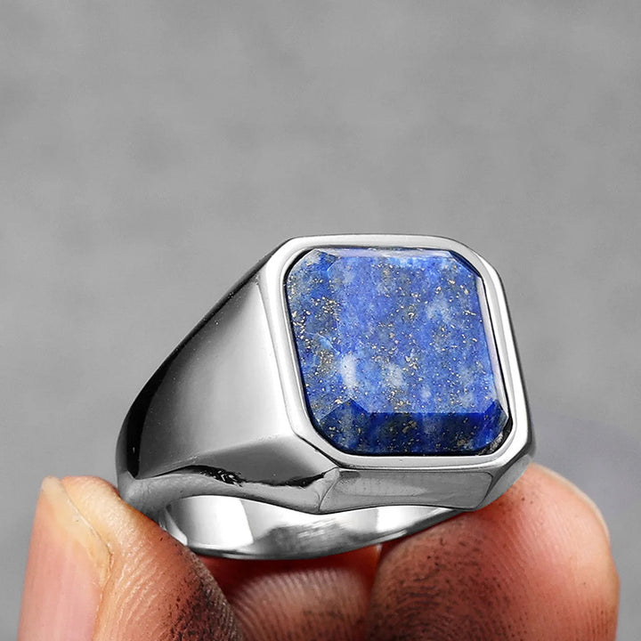 Bague en acier inoxydable pour homme avec ciel étoilé et galaxie en lapis-lazuli de guérison Olivenorma