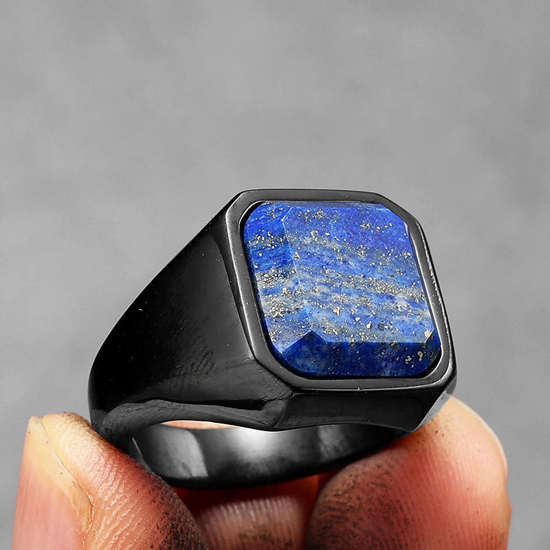 Bague en acier inoxydable pour homme avec ciel étoilé et galaxie en lapis-lazuli de guérison Olivenorma