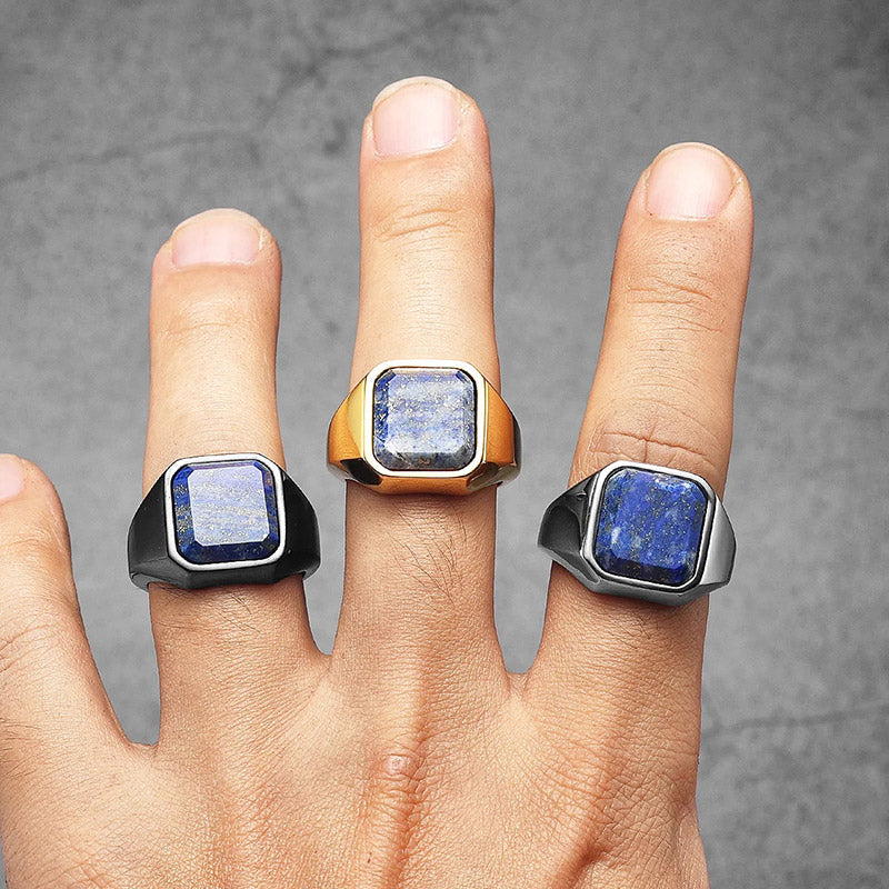 Bague en acier inoxydable pour homme avec ciel étoilé et galaxie en lapis-lazuli de guérison Olivenorma