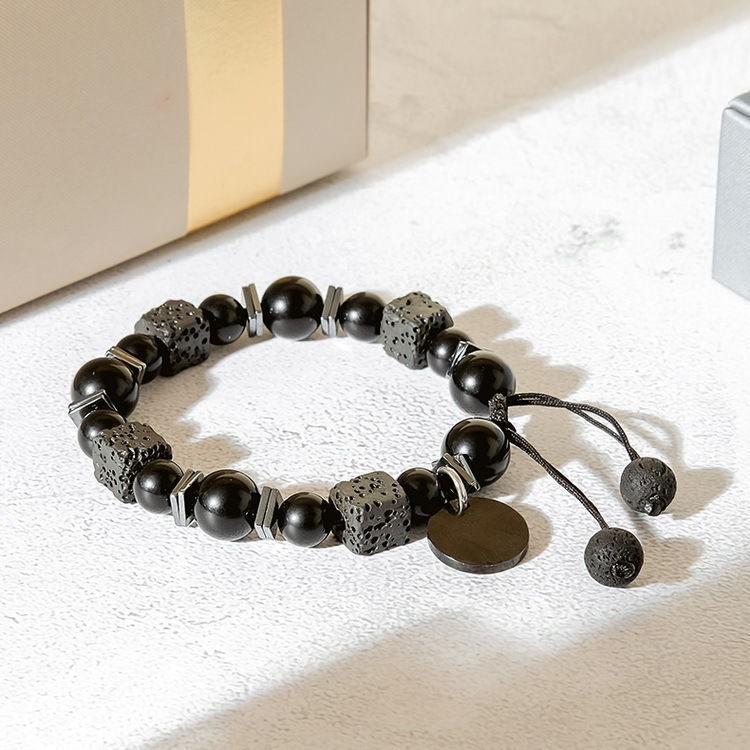 Bracelet ajustable pour homme en pierre de lave et obsidienne Olivenorma