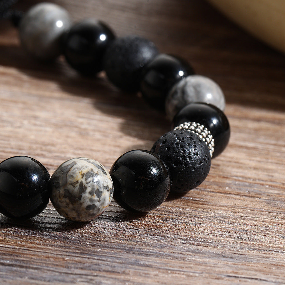Bracelet de perles pour homme en pierre de lave volcanique obsidienne Olivenorma