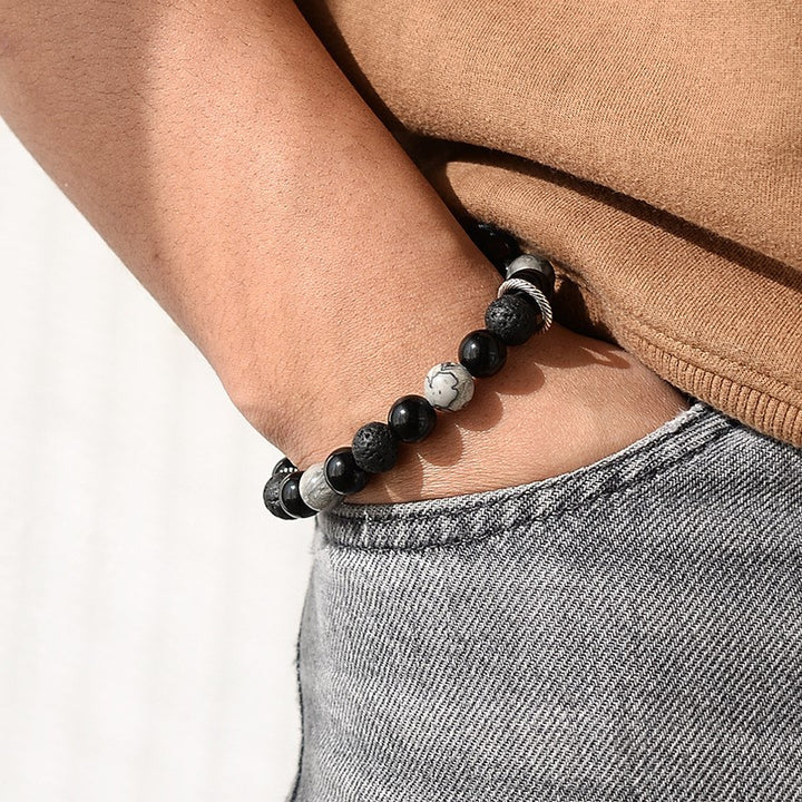 Bracelet de perles pour homme en pierre de lave volcanique obsidienne Olivenorma