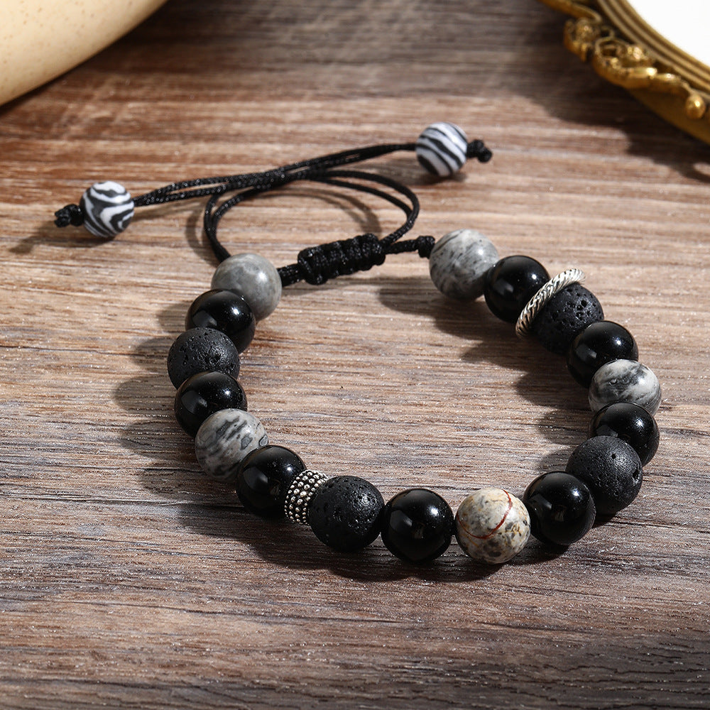 Bracelet de perles pour homme en pierre de lave volcanique obsidienne Olivenorma