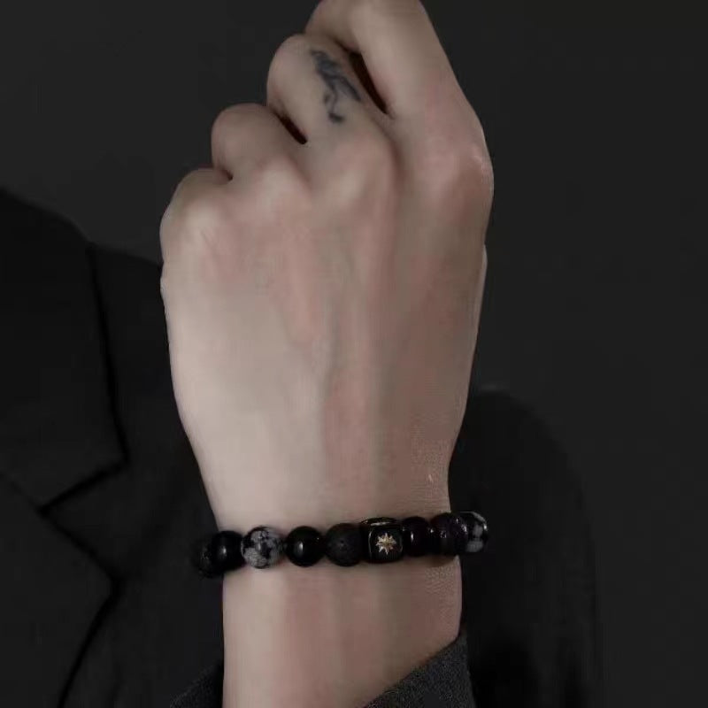 Bracelet homme en obsidienne flocon de neige en pierre de lave et étoile à huit branches Olivenorma