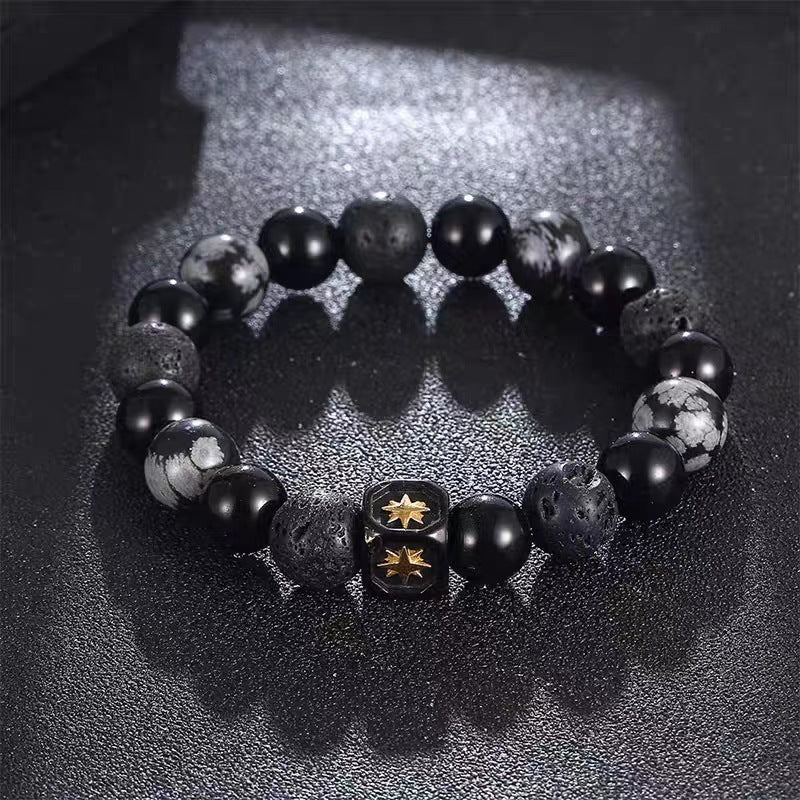 Bracelet homme en obsidienne flocon de neige en pierre de lave et étoile à huit branches Olivenorma