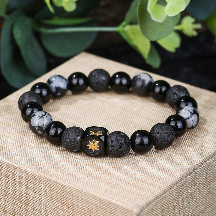 Bracelet homme en obsidienne flocon de neige en pierre de lave et étoile à huit branches Olivenorma