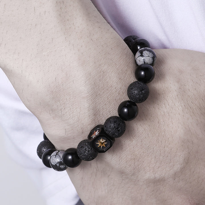 Bracelet homme en obsidienne flocon de neige en pierre de lave et étoile à huit branches Olivenorma