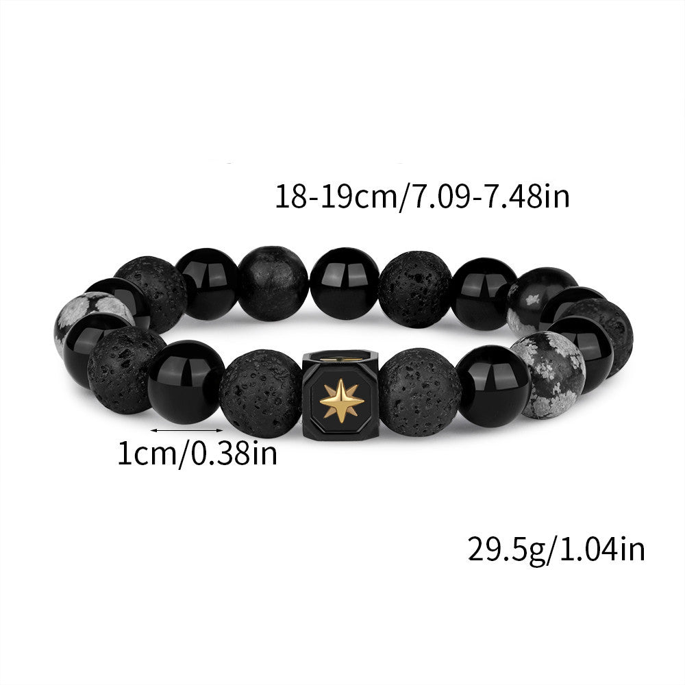 Bracelet homme en obsidienne flocon de neige en pierre de lave et étoile à huit branches Olivenorma