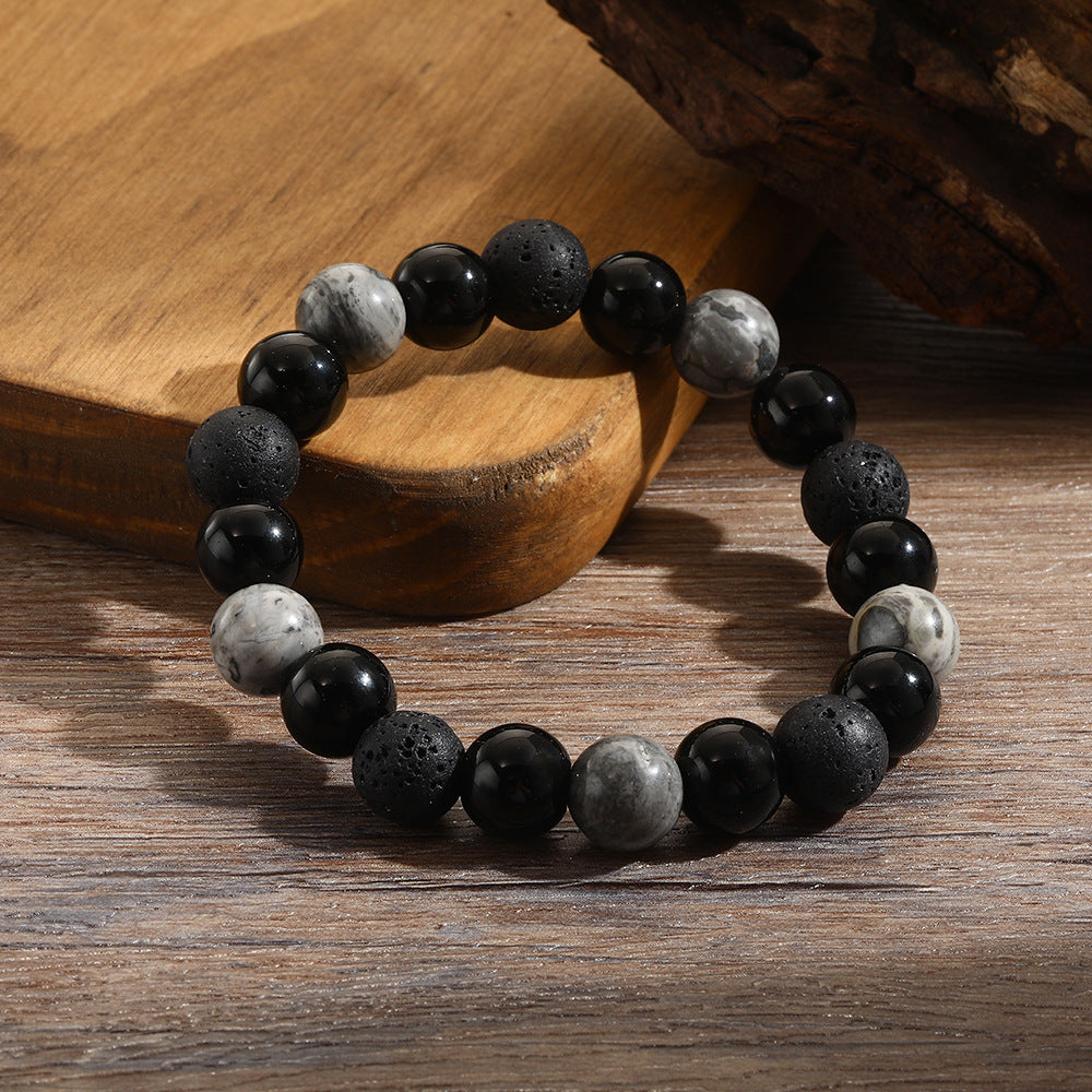 Bracelet Olivenorma en pierre de lave, onyx noir, jaspe gris, 10 mm
