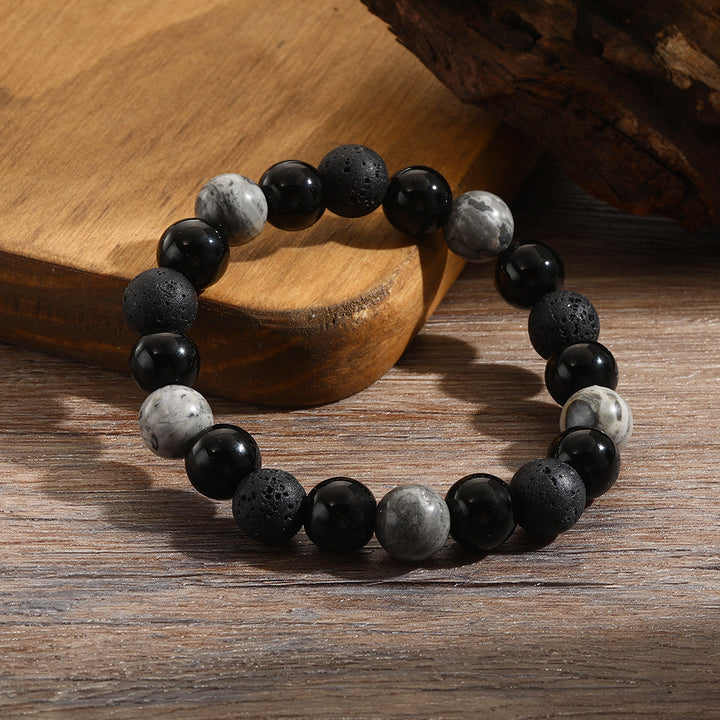 Bracelet Olivenorma en pierre de lave, onyx noir, jaspe gris, 10 mm