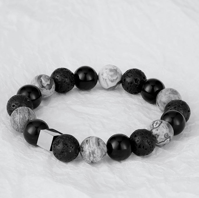 Bracelet homme en perles cubiques en onyx noir et jaspe gris Olivenorma