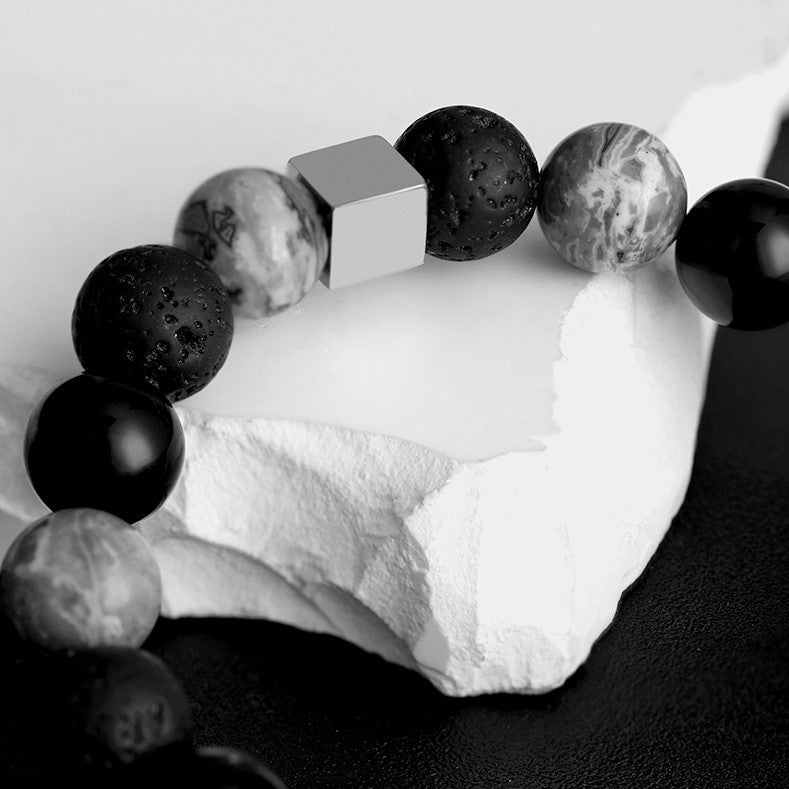 Bracelet homme en perles cubiques en onyx noir et jaspe gris Olivenorma