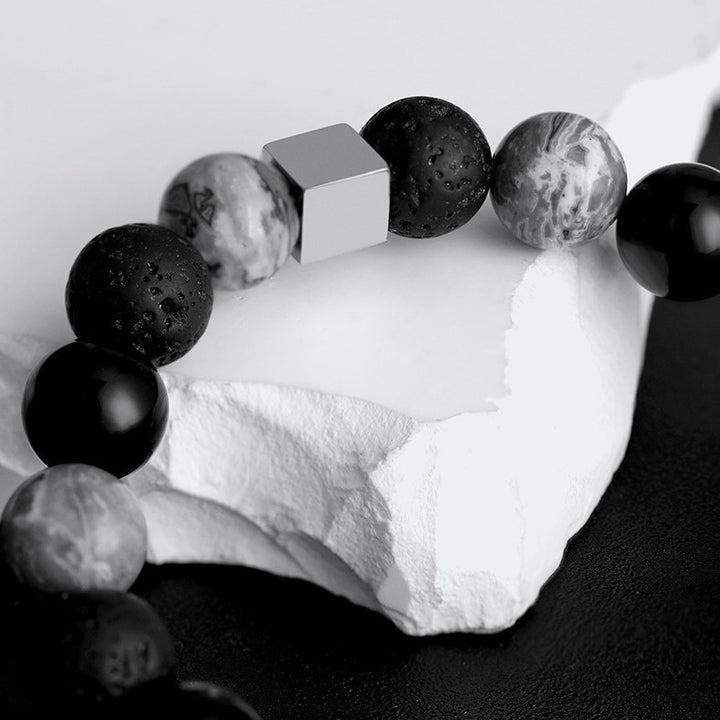 Bracelet homme en perles cubiques en onyx noir et jaspe gris Olivenorma
