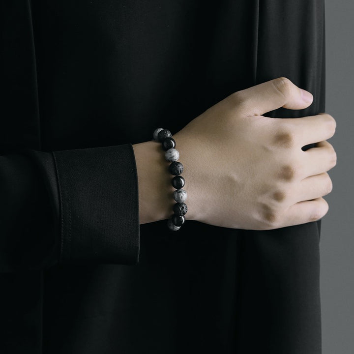 Bracelet homme en perles cubiques en onyx noir et jaspe gris Olivenorma