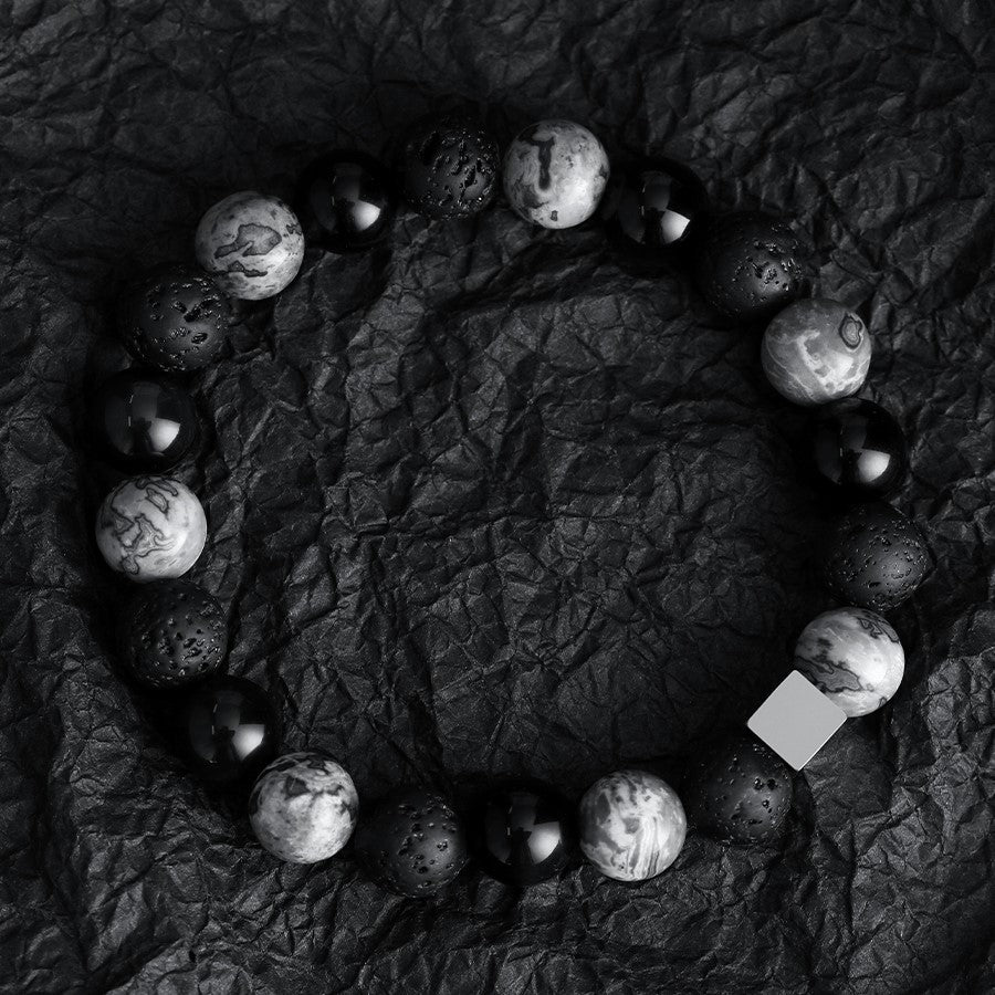 Bracelet homme en perles cubiques en onyx noir et jaspe gris Olivenorma