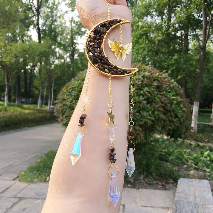 Carillon éolien en cristal naturel avec motif lune et papillon Olivenorma