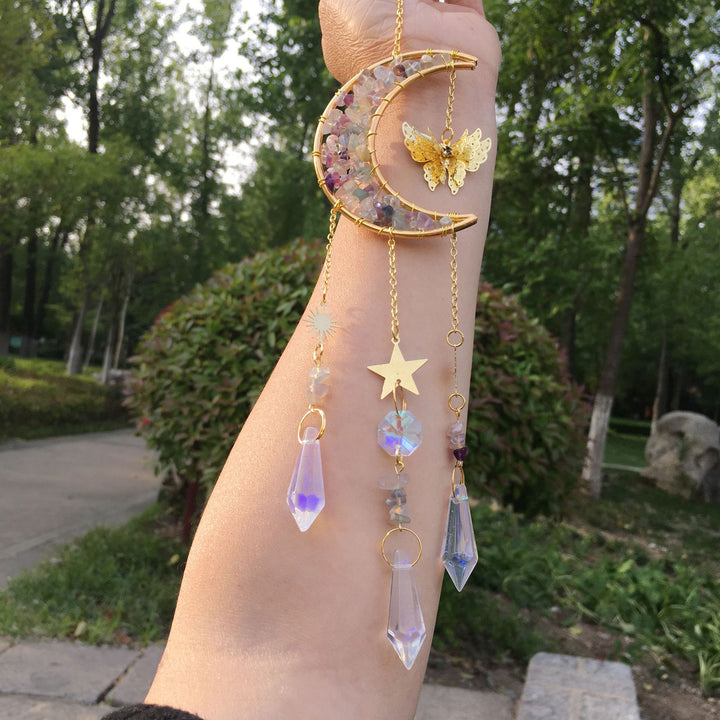 Carillon éolien en cristal naturel avec motif lune et papillon Olivenorma