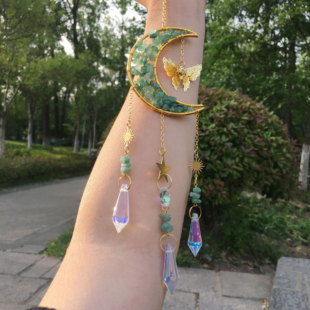 Carillon éolien en cristal naturel avec motif lune et papillon Olivenorma