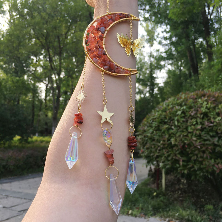 Carillon éolien en cristal naturel avec motif lune et papillon Olivenorma