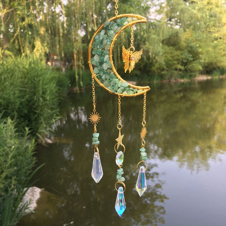 Carillon éolien en cristal naturel avec motif lune et papillon Olivenorma