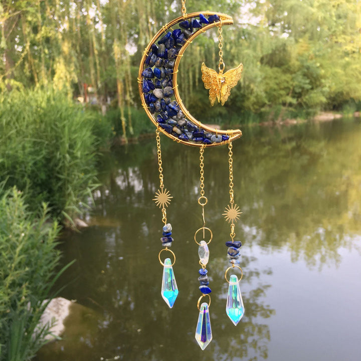 Carillon éolien en cristal naturel avec motif lune et papillon Olivenorma