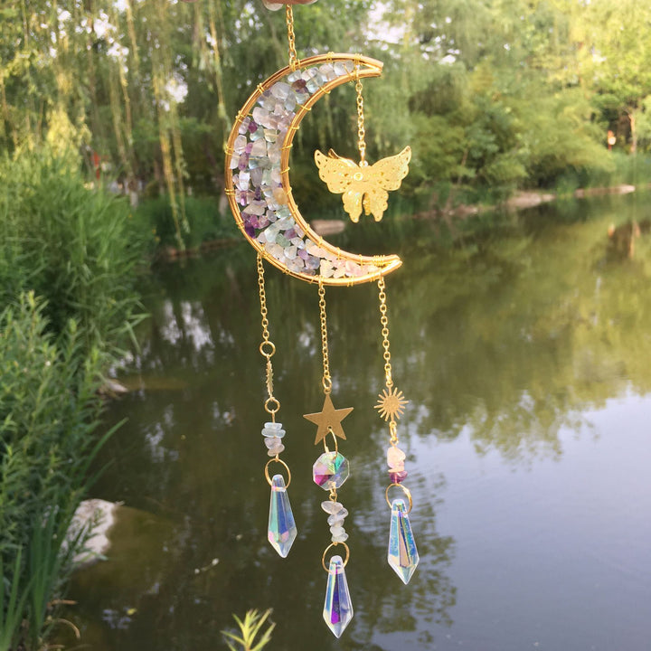Carillon éolien en cristal naturel avec motif lune et papillon Olivenorma